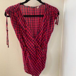 Red and navy gingham wrap front shirt